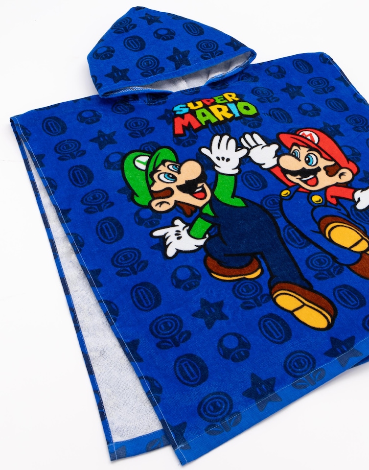 image 1 of Super Mario Kids Towel Poncho | Blue Mario Brothers Game Hooded Bath Towel For Boys | Luigi & Mario With Graphic All Over Print Beach Robe | Cosy Bathing Merchandise Gift for Children & Teens