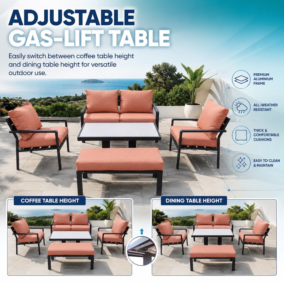 image 1 of 4 Seater 5 Piece Aluminium Garden Sofa Dining Set with Gas Lift Table, Ottoman Bench & Terracotta Cushions