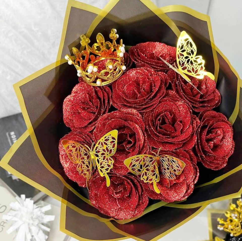 image 1 of Artificial 12 Red Rose Flower Bouquet With Glitter Crown Butterfly Wedding Party Decoration Valentines Gift