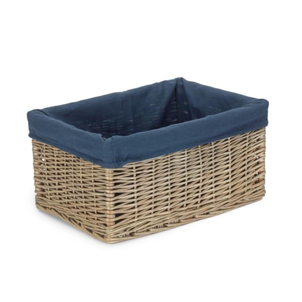 image 1 of Medium Antique Wash Navy Cotton Lined Willow Storage Baskets | Blue | Blue