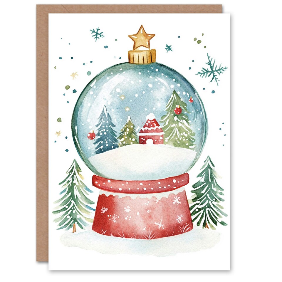 image 1 of Decorated Tree Cabin Snow Globe Blank For Him Or Her Art Xmas Festive Christmas Card