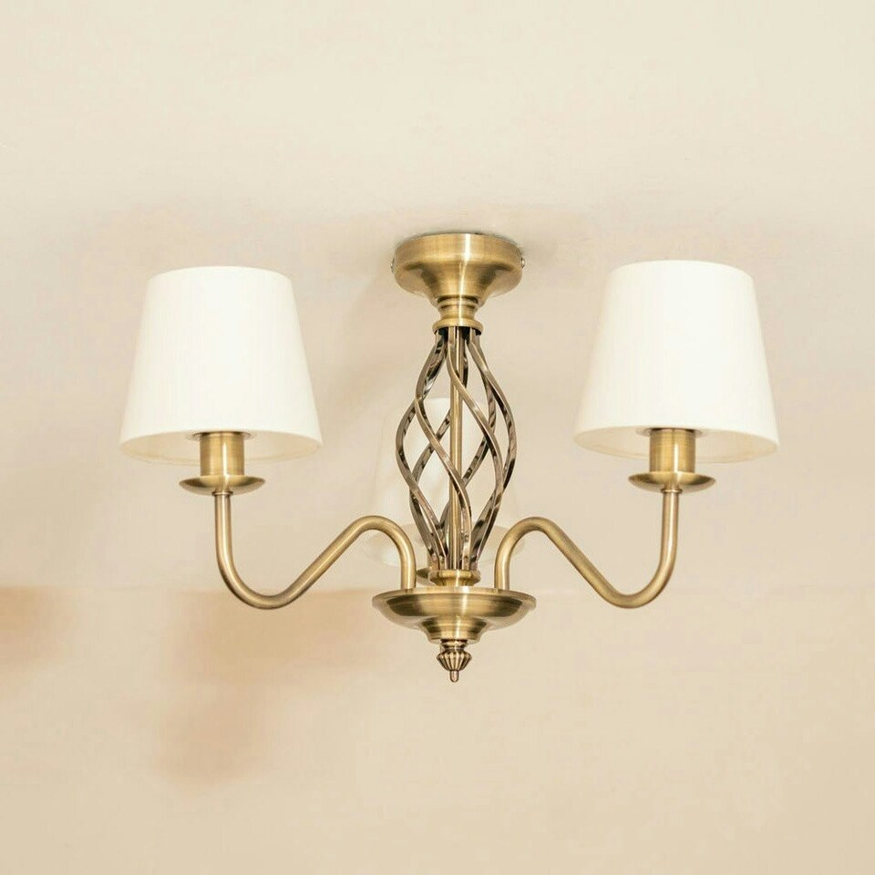 image 1 of ValueLights Memphis Traditional Antique Brass 3 Light Ceiling Light Chandelier with Fabric Lampshades - Bulbs Included
