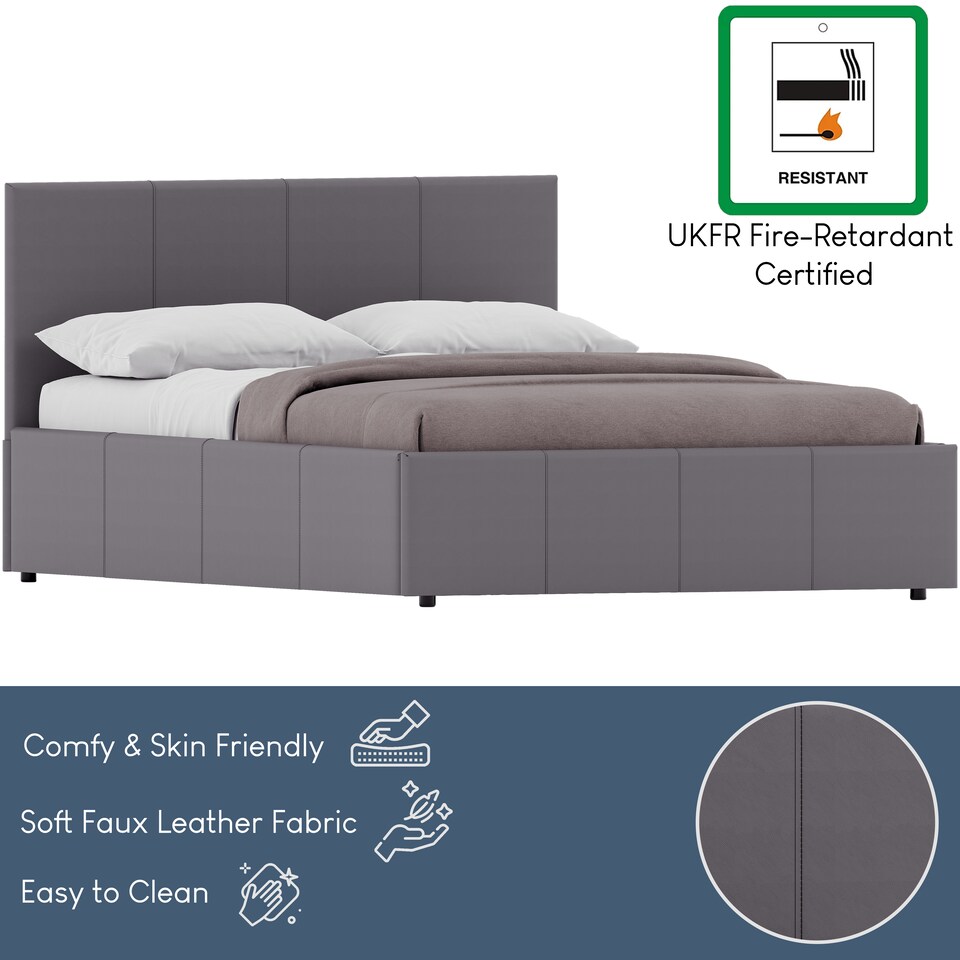 image 1 of Vida Designs Lisbon 4ft6 Double Ottoman Bed Storage Faux Leather, Grey, 135 x 190cm