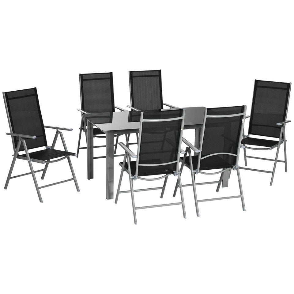 image 1 of Outsunny 7 Piece Garden Dining Set, Outdoor Table and 6 Folding and Reclining Chairs, Aluminium Frame, Tempered Glass Top Table, Texteline Seats, Black