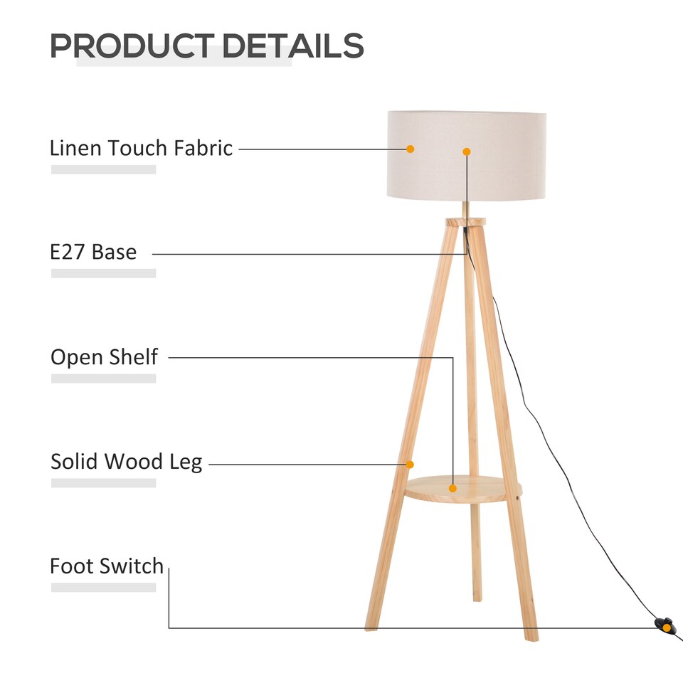 image 1 of HOMCOM Tripod Floor Lamp, Freestanding Bedside Light Reading Light with Storage Shelf and Linen Shade for Living Room Bedroom, 154cm, Cream