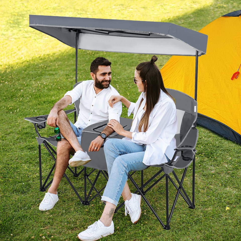 image 1 of COSTWAY Double Sunshade Folding Chairs 2-person Chairs | Grey