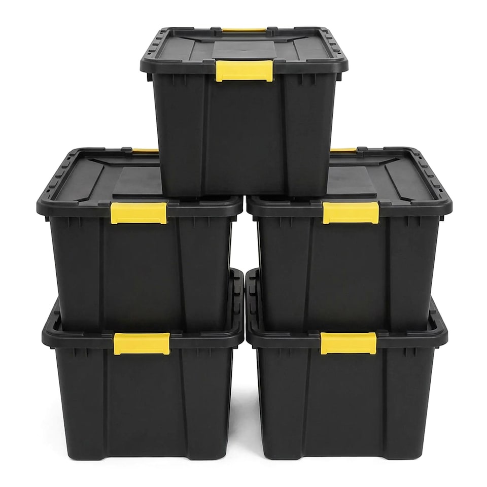 image 1 of Large Plastic Storage Box with Lid (92x58x42 cm) Heavy Duty Container 150L Capacity Black Stackable Box for Garage Pack of 5