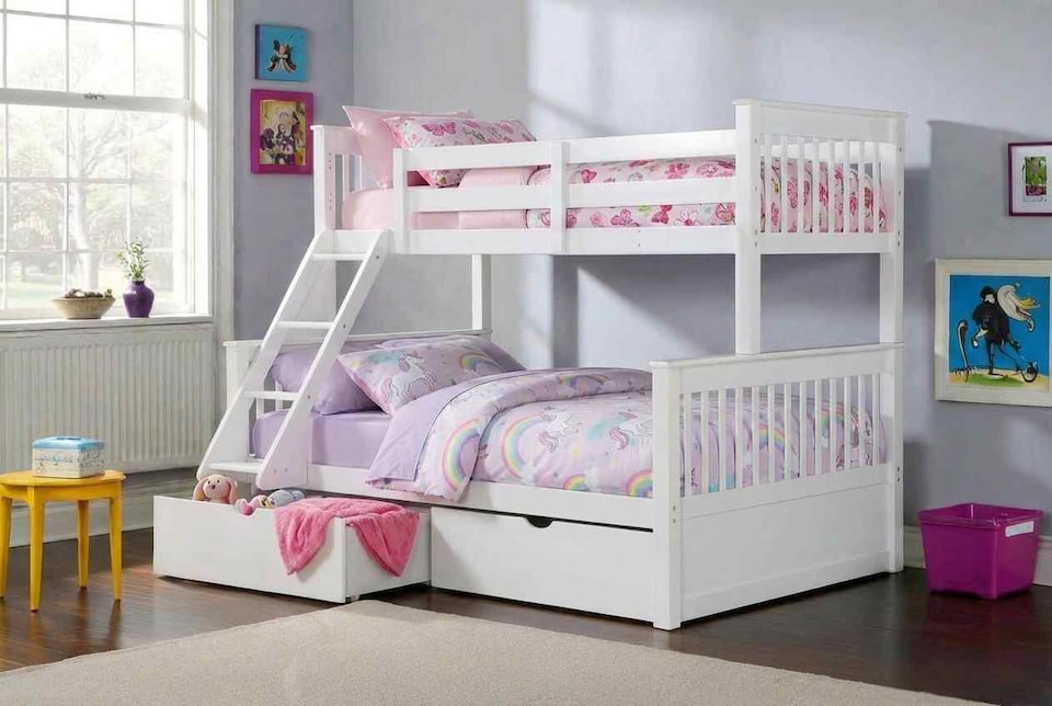 image 1 of White Triple Bunk Bed Sonic Single Over Double 3 Sleeper with Storage Drawers | White | White | Double | 1