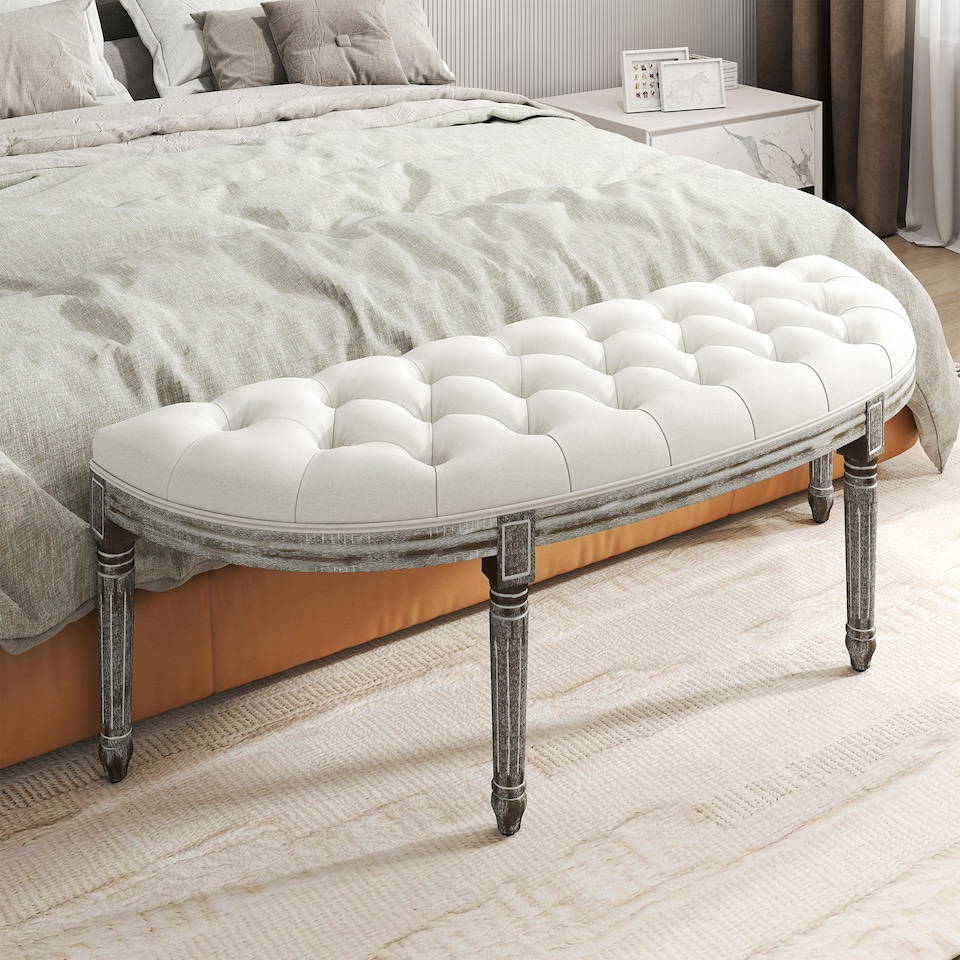 image 1 of HOMCOM Half-Circle End Bench Ottoman Footstool Tufting Padded Seat Brushed Wood Base Antique Accents Home Seat Furniture Cream White and Light Wood Grain Leg