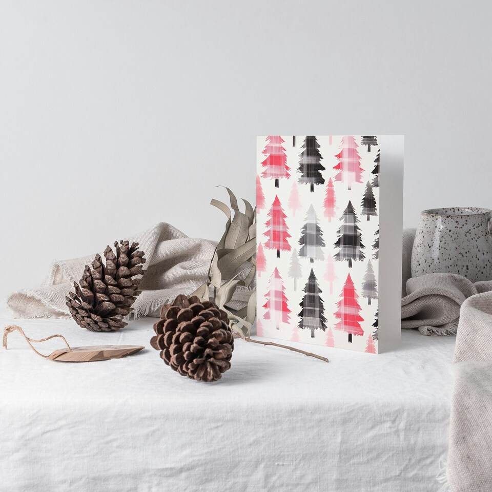 image 1 of Pink Grey Scottish Tartan Pattern Trees Modern Blank For Him Or Her Art Christmas Card