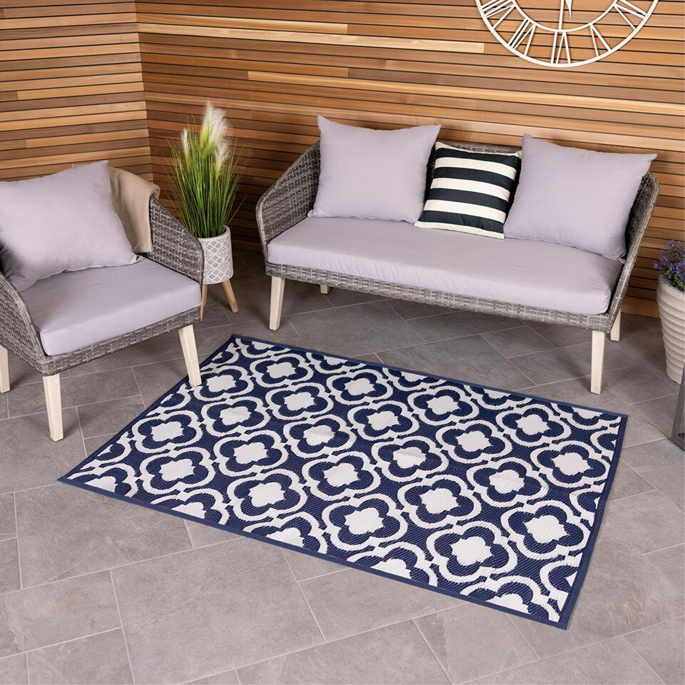 image 1 of Charles Bentley Blue Patterned Weatherproof Rug 120x170cm