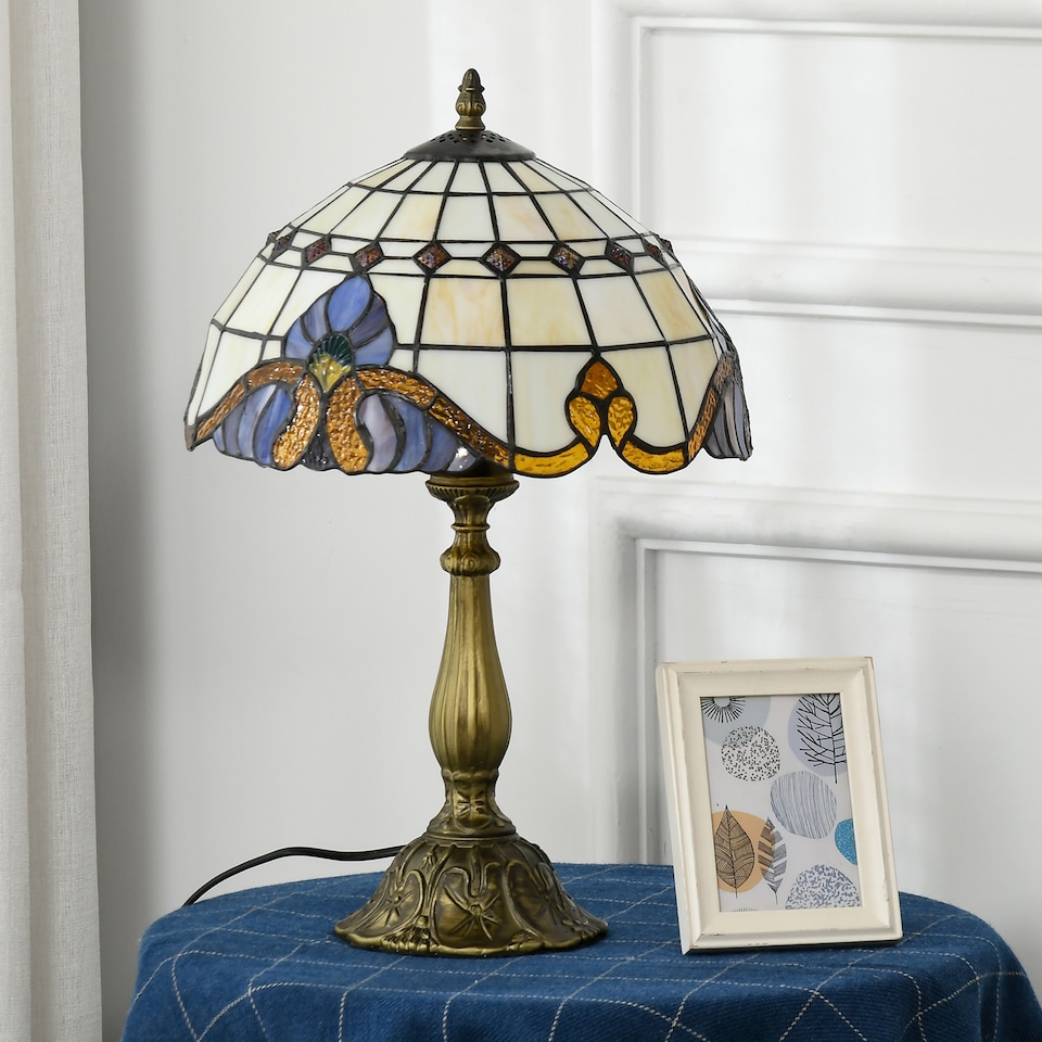image 1 of HOMCOM Stained Glass Table Lamp, Handmade Antique Bedside Lamp, Decorative Night Light for Bedroom, Living room, Home, Nightstand
