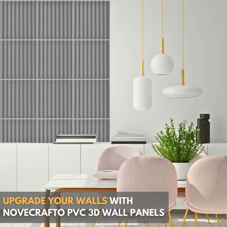 image 1 of NOVECRAFTO Decorative 3D Wall Panels (50cm x 50cm) 3D Fluted Line Design PVC Cladding Panel | Grey | Matte Grey | M | 6