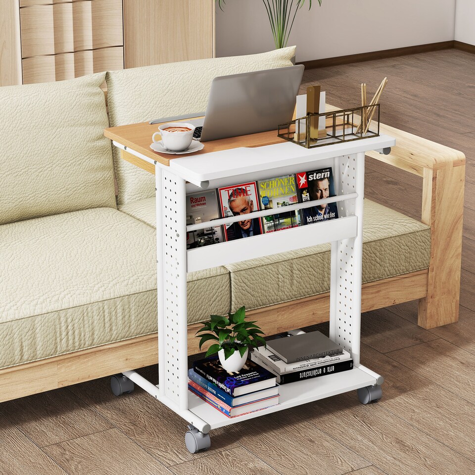 image 1 of COSTWAY Rolling Portable Desk C-Shaped Computer Cart White