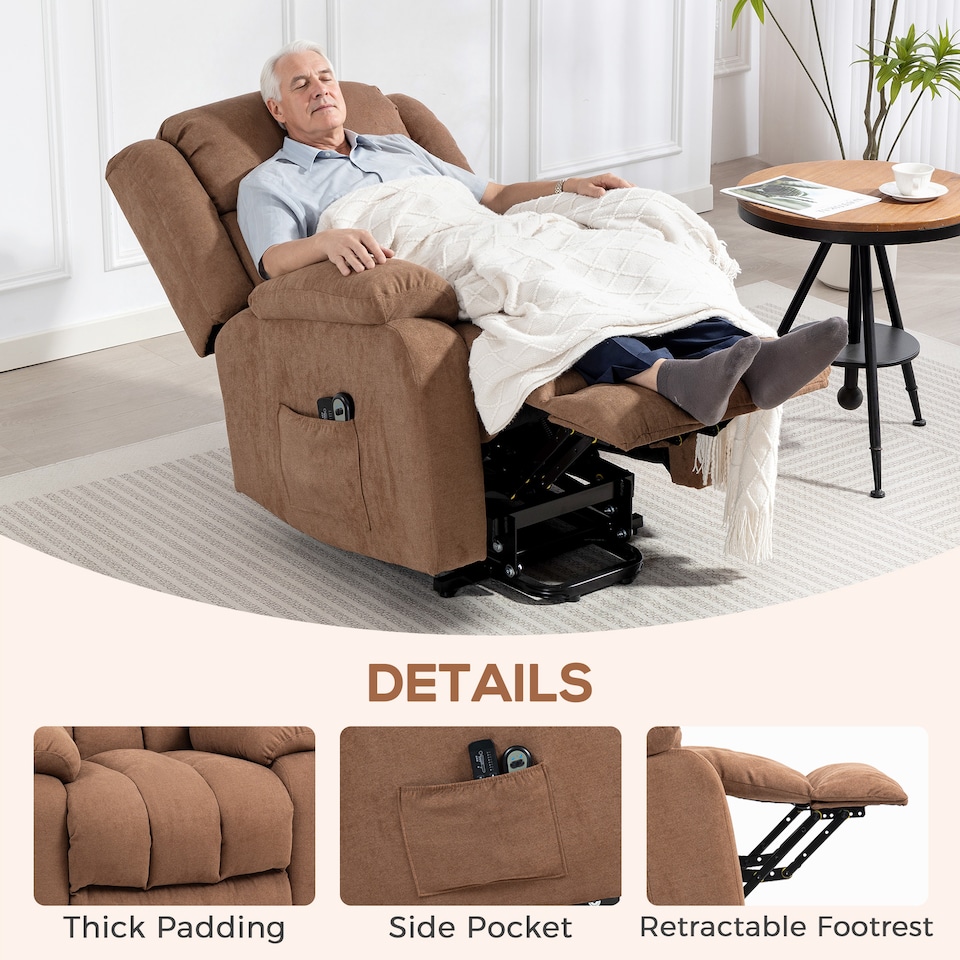 image 1 of HOMCOM Power Lift Recliner Chair with Massage, Linen Overstuffed Lift Chair for Elderly, Electric Recliner Armchair with Footrest, Remote Control and Side Pocket, for Living Room, Brown | Brown | Brown