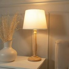 ValueLights Victoria Light Wood Traditional Table Lamp with White Fabric Tapered Shade and LED Bulb