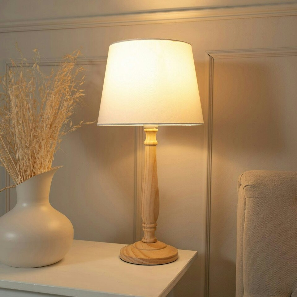 image 1 of ValueLights Victoria Light Wood Traditional Table Lamp with White Fabric Tapered Shade and LED Bulb