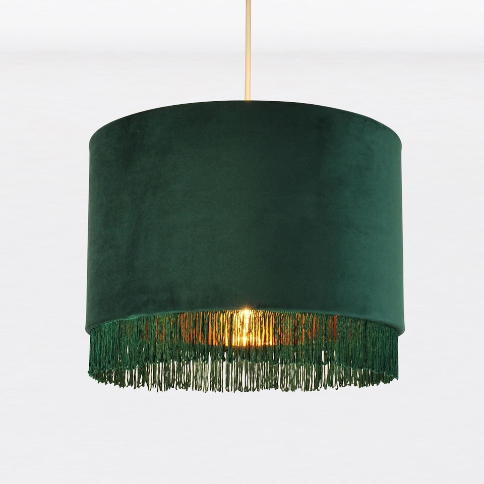 image 1 of Set of 2 Spruce Green Velvet With Gold Inner Tassled Light Shades | Green | Gold | Large | 2