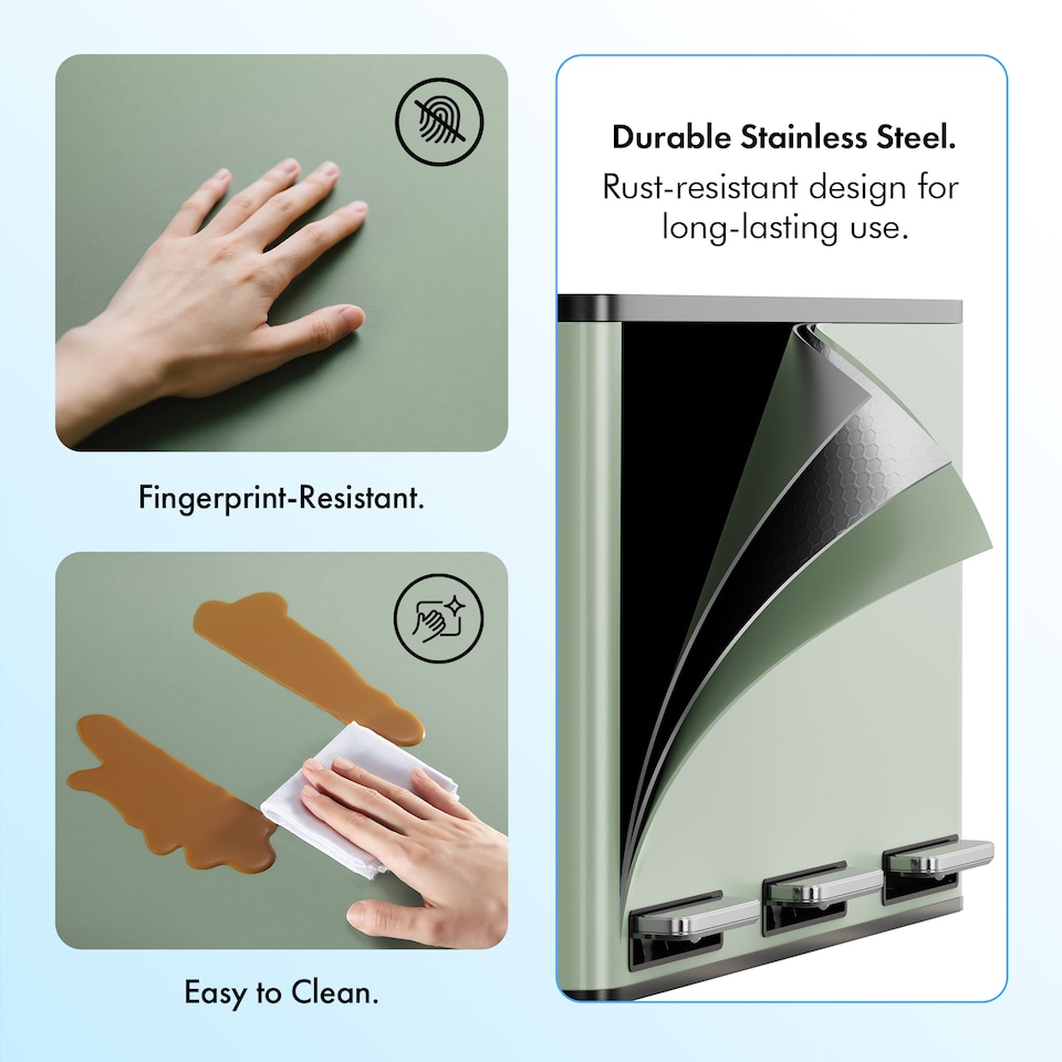 image 1 of 3 Compartment 45L Waste & Recycling Kitchen Bin (3 x 15L) | Green | Sage Green | 45L