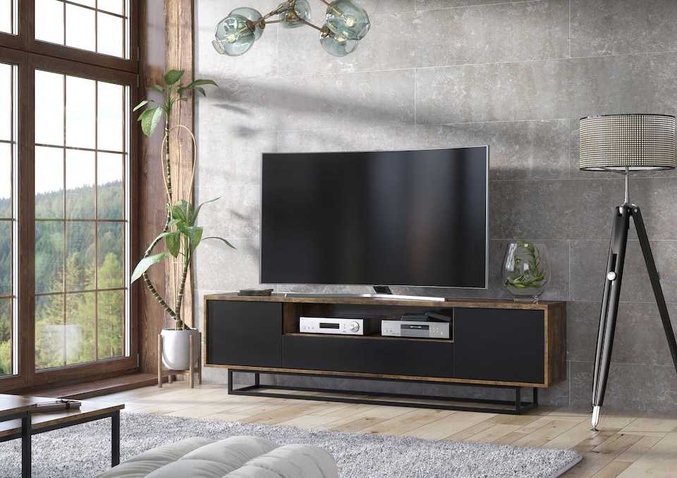 image 1 of TV Unit Sideboard Cabinet Storage Cabinet Oak Black Industrial Media Console 200cm