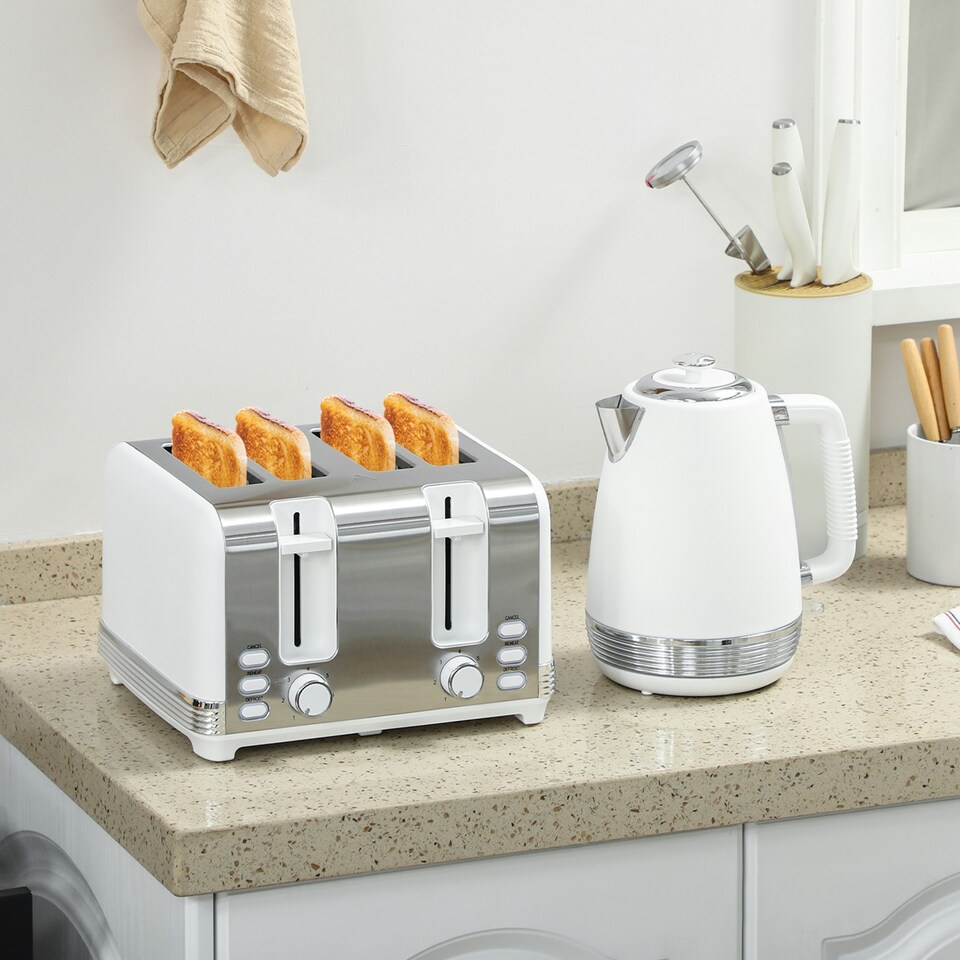 image 1 of HOMCOM 1.7L 3000W Quick Boil Kettle and 4 Slice Toaster Set Crumb Tray White