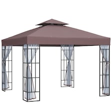 Outsunny 3 x 3m Patio Gazebo Canopy Garden Pavilion Tent Shelter with 2 Tier Roof and Mosquito Netting, Steel Frame, Coffee