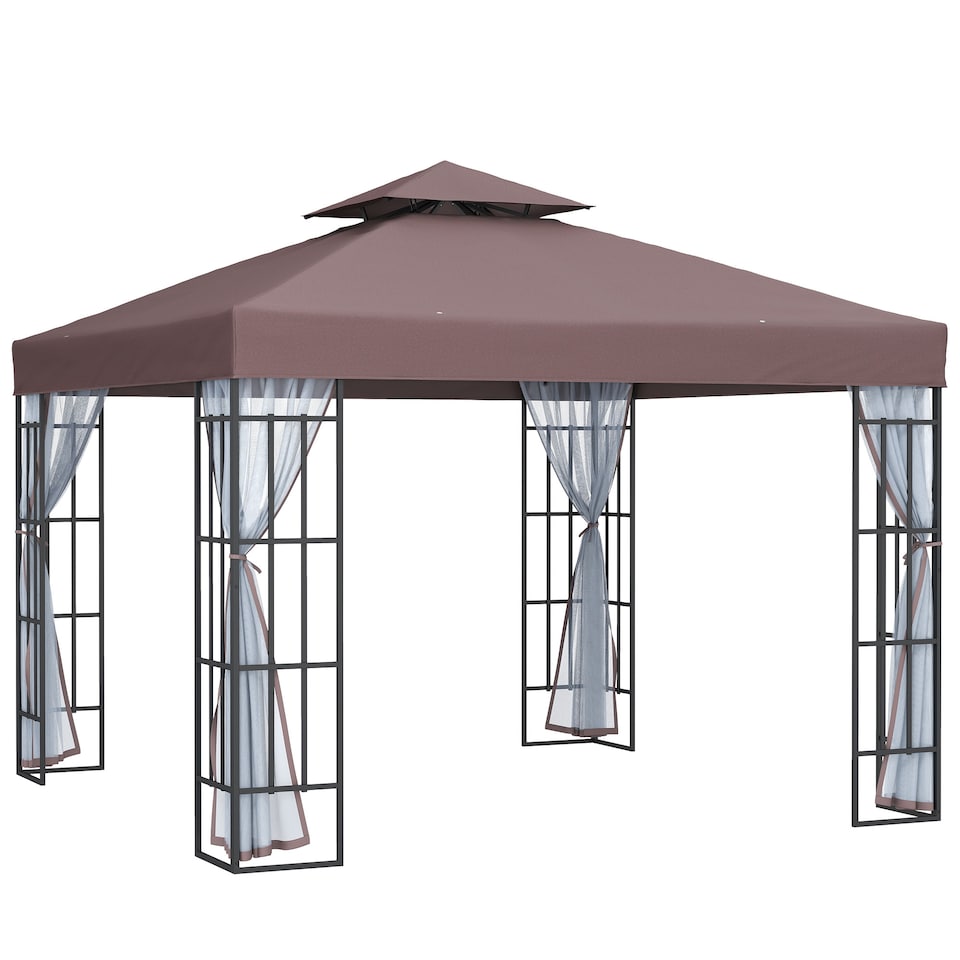 image 1 of Outsunny 3 x 3m Patio Gazebo Canopy Garden Pavilion Tent Shelter with 2 Tier Roof and Mosquito Netting, Steel Frame, Coffee