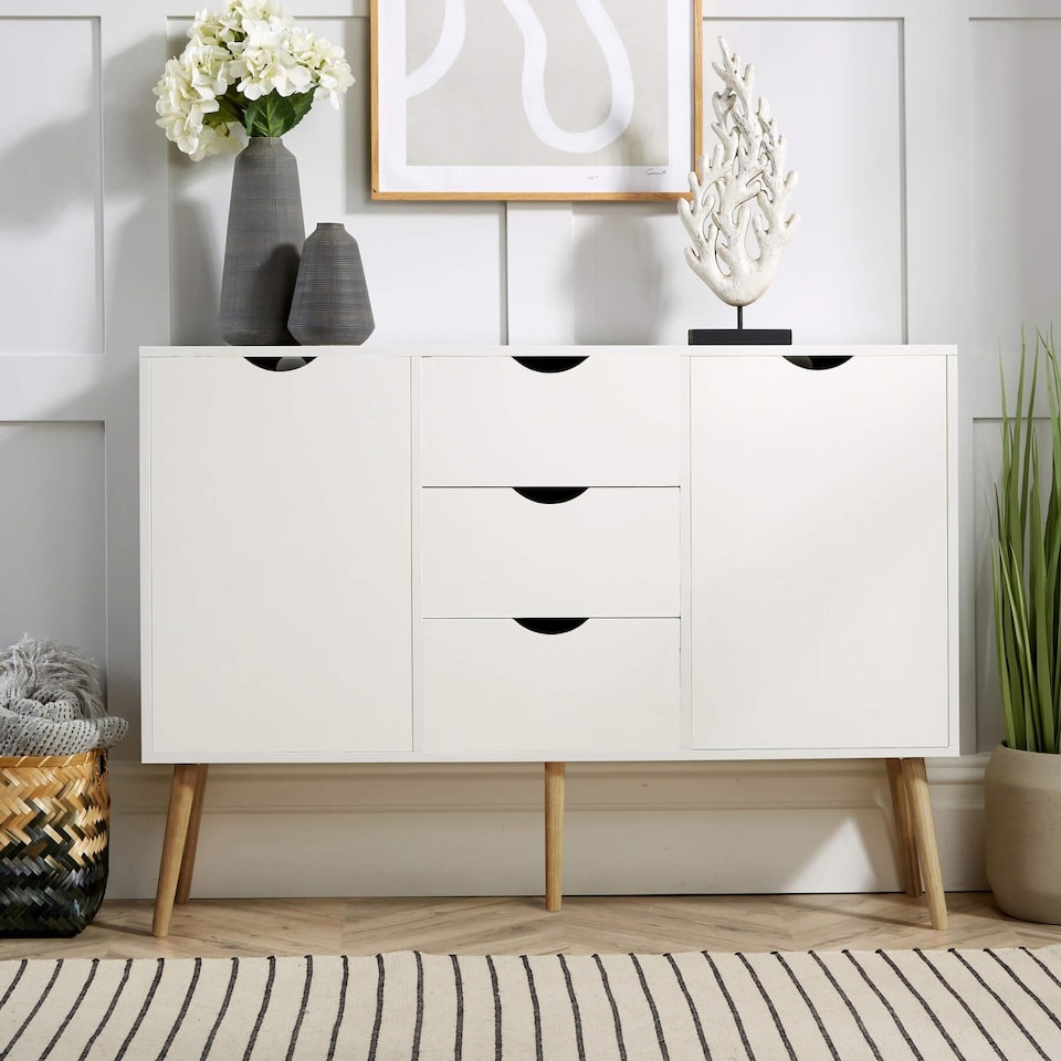 image 1 of Sideboard Storage Cabinet With Drawers Cupboard Solid Wood Legs | White