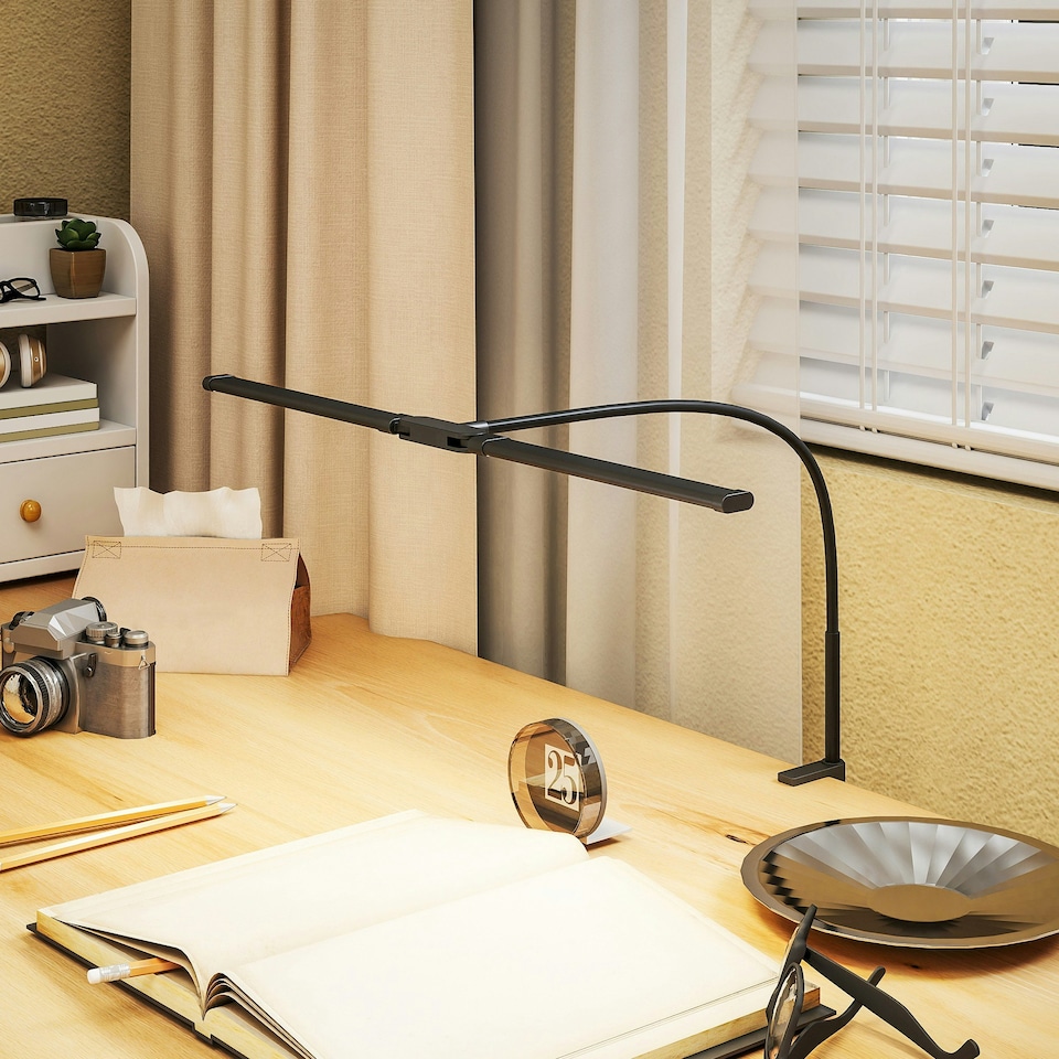 image 1 of HOMCOM Double Head Table Lamp with 3 Colour Modes & 10 Dimmable, Black | Black | 61W x 5.5D x 64H cm
