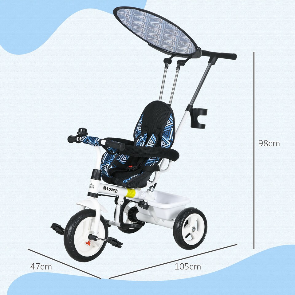 image 1 of HOMCOM Trike, 6 in 1 Tricycle for Kids, Baby Trike with Push Handle, Removable Canopy, 5-Point Seat Harness, Storage Basket, for 18Months -5 Years, Blue