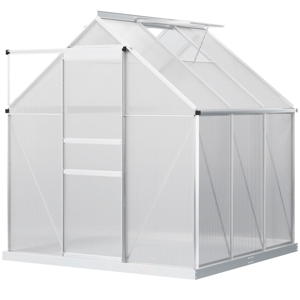 image 1 of Outsunny Polycarbonate Walk-in Garden Greenhouse w/ Sliding Door Silver Tone
