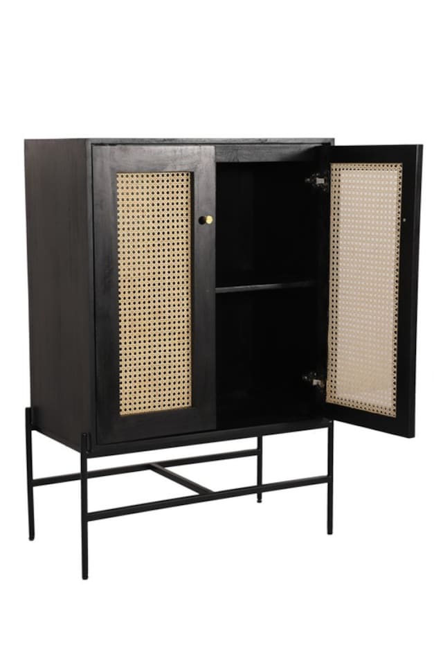 image 1 of Rattan 2 Door Highboard Cabinet - Mango Wood/Iron - L45 x W80 x H120 cm - Black Finish with Natural Rattan - Assembly Required