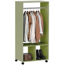 HOMCOM Open Wardrobe on Wheels, Bedroom Wardrobe with Clothes Hanging Rail, 2 Storage Shelves, Mobile Garment Rack for Cloakroom, Hallway, Green | Green