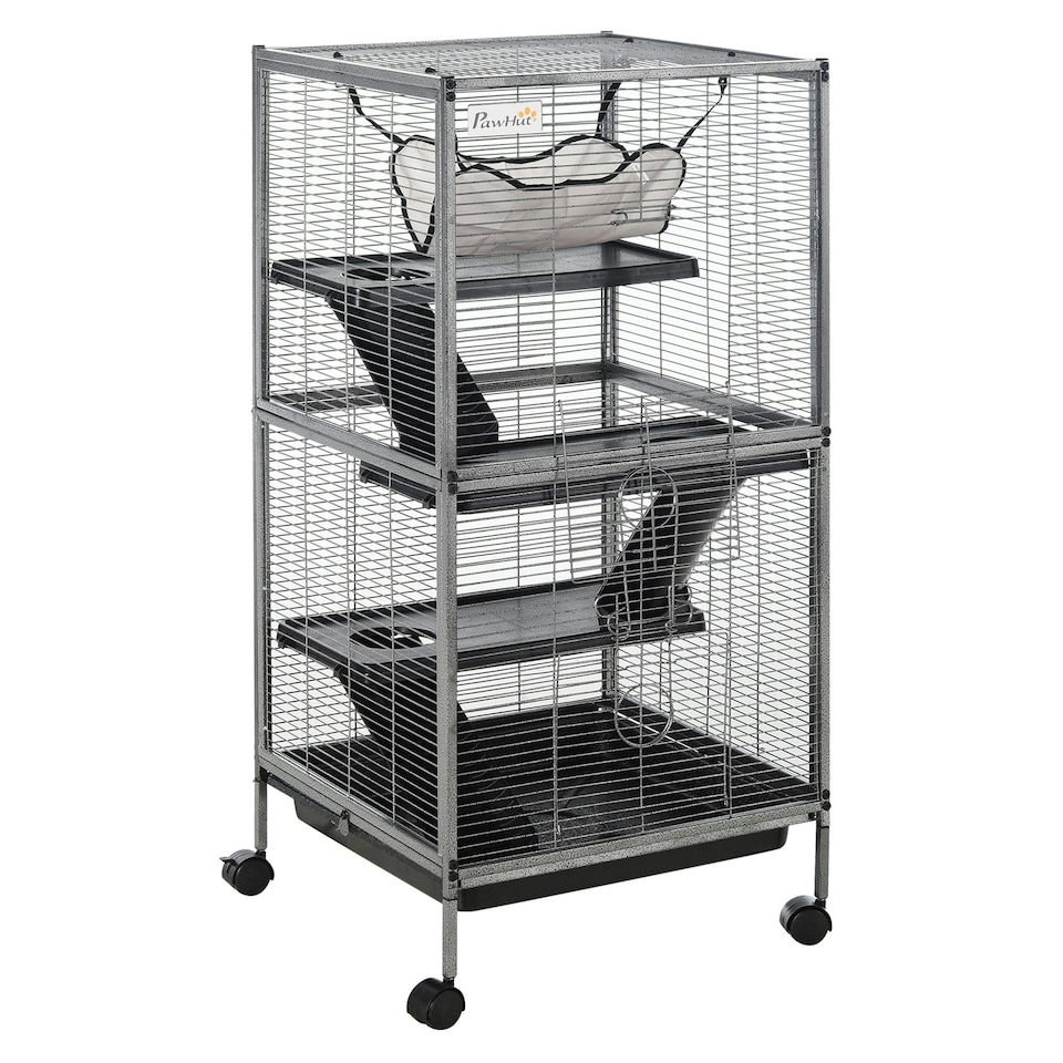 image 1 of PawHut Rolling Small Animal Cage for Chinchillas Ferrets Kittens W/ Ramp Silver