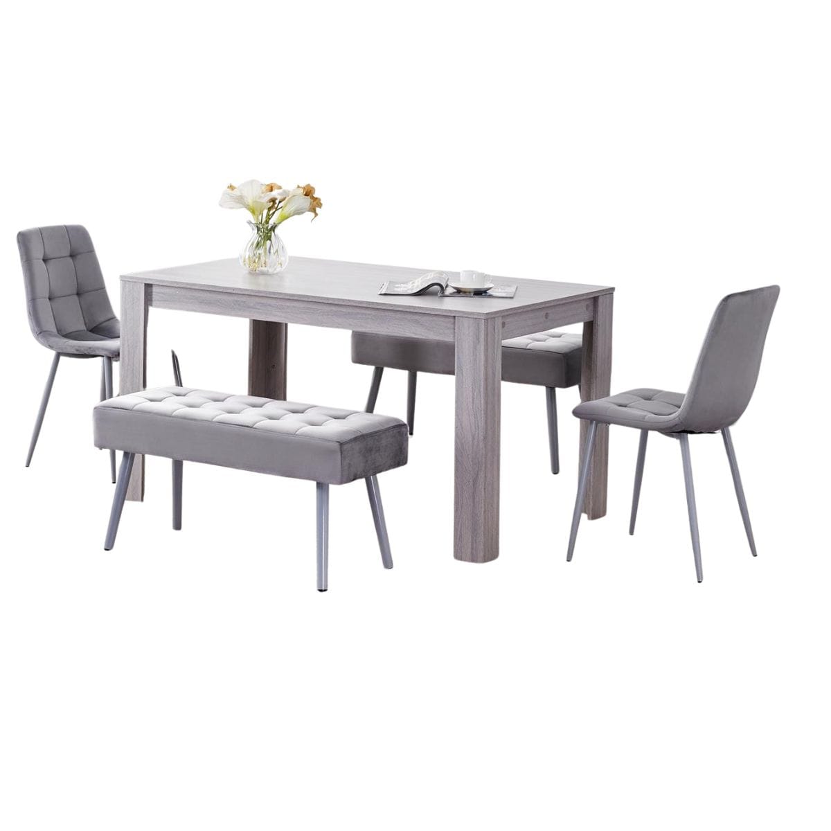 Grey Dining Table Set with 2 Velvet Chairs and 2 Benches Wooden Dining Furniture