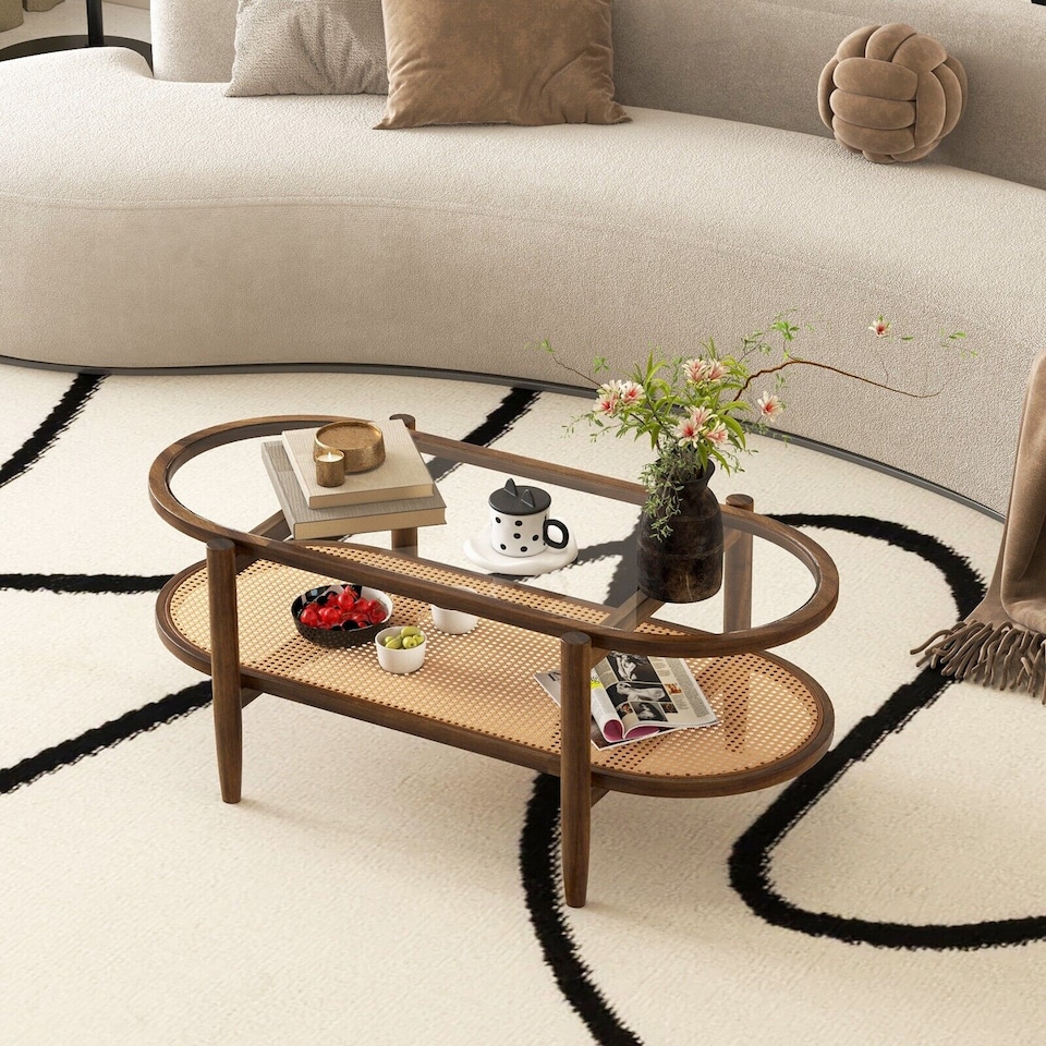 image 1 of COSTWAY 2 Tier Coffee Table Rattan Center Cocktail Tea Table Tempered Glass Tabletop