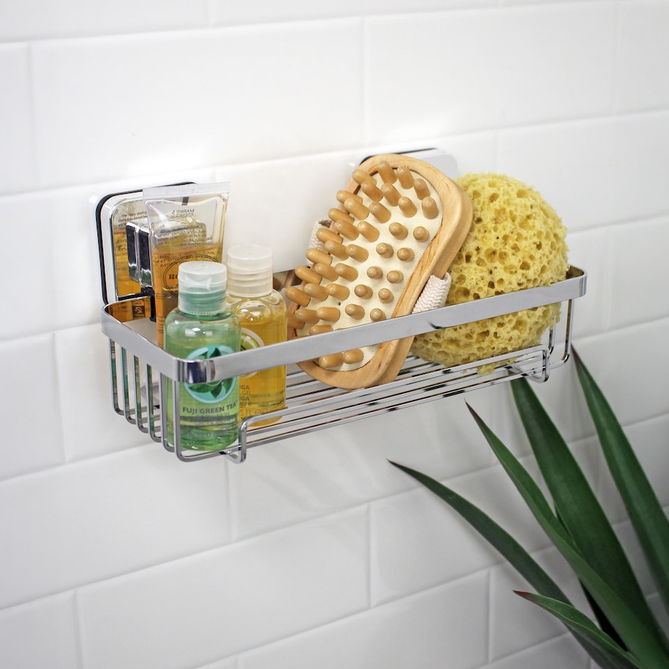 image 1 of Showerdrape Pushloc Chrome Steel Suction Wall Mounted Rectangular Basket | Chrome | Chrome | 1