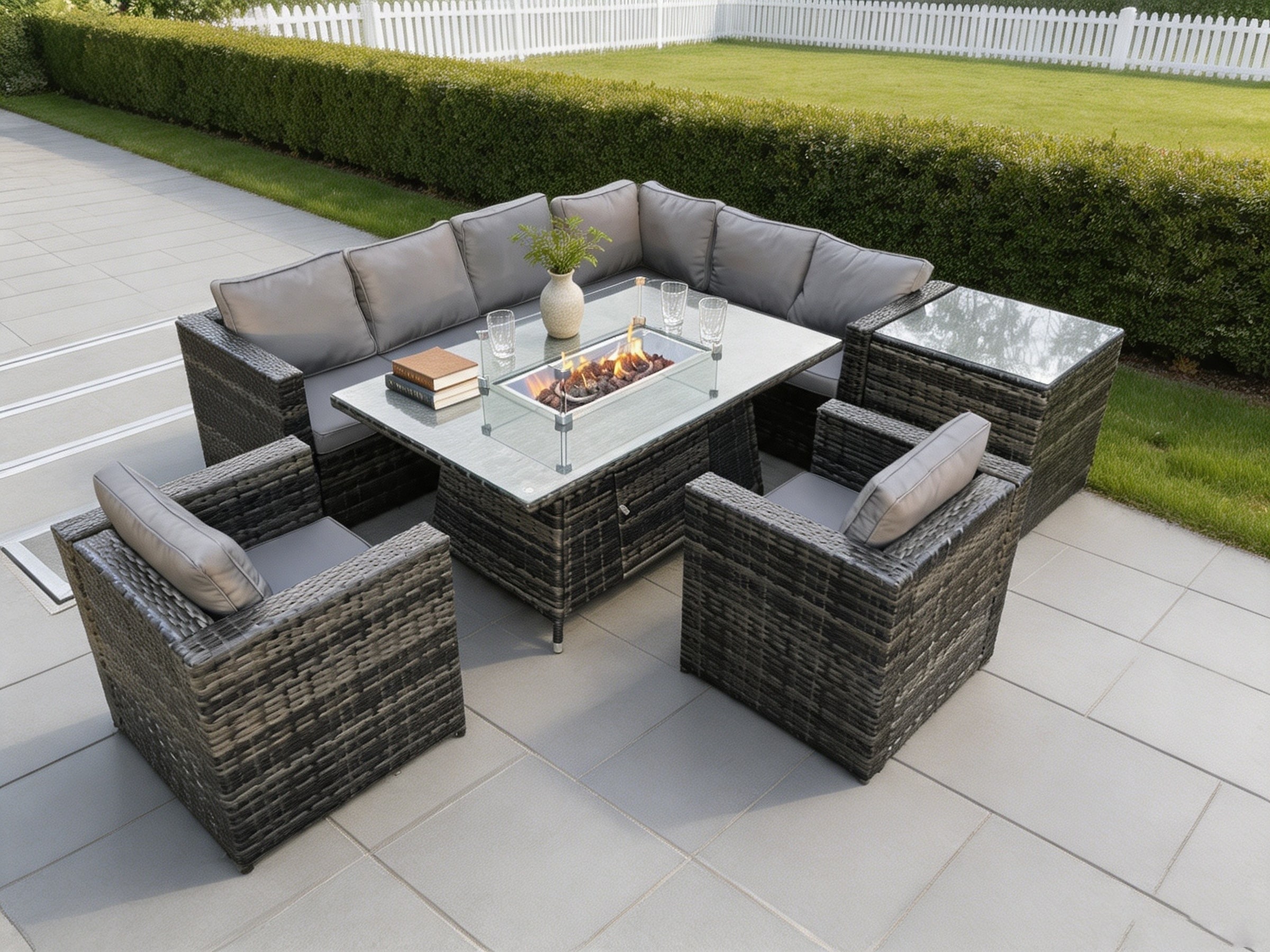 Fimous Outdoor Rattan Garden Corner Furniture Gas Fire Pit Dining Table Gas Heater Sets Lounge Chairs Side Table Dark Grey 8 Seater