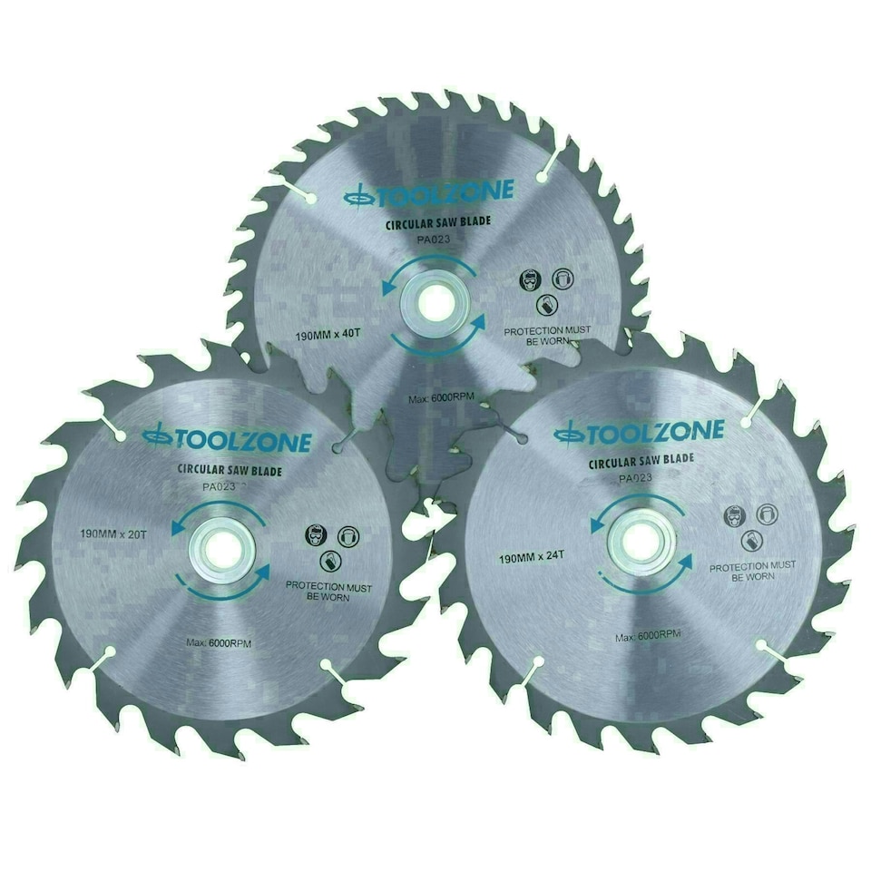image 1 of 3pc 190mm TCT circular saw blades 20 / 24 and 40 teeth INC adapter rings TE522