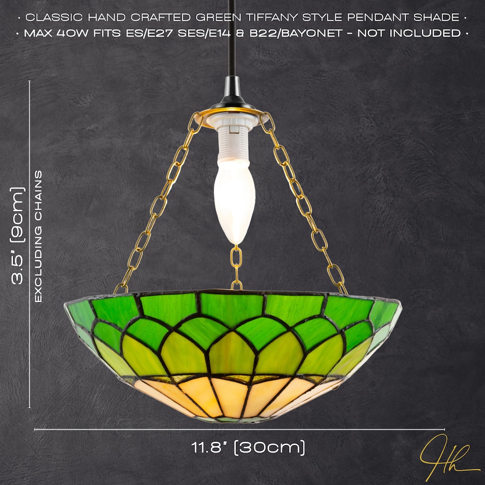 image 1 of Amber and Green Stained Glass Domed Tiffany Pendant Lamp Shade with Chain | Green