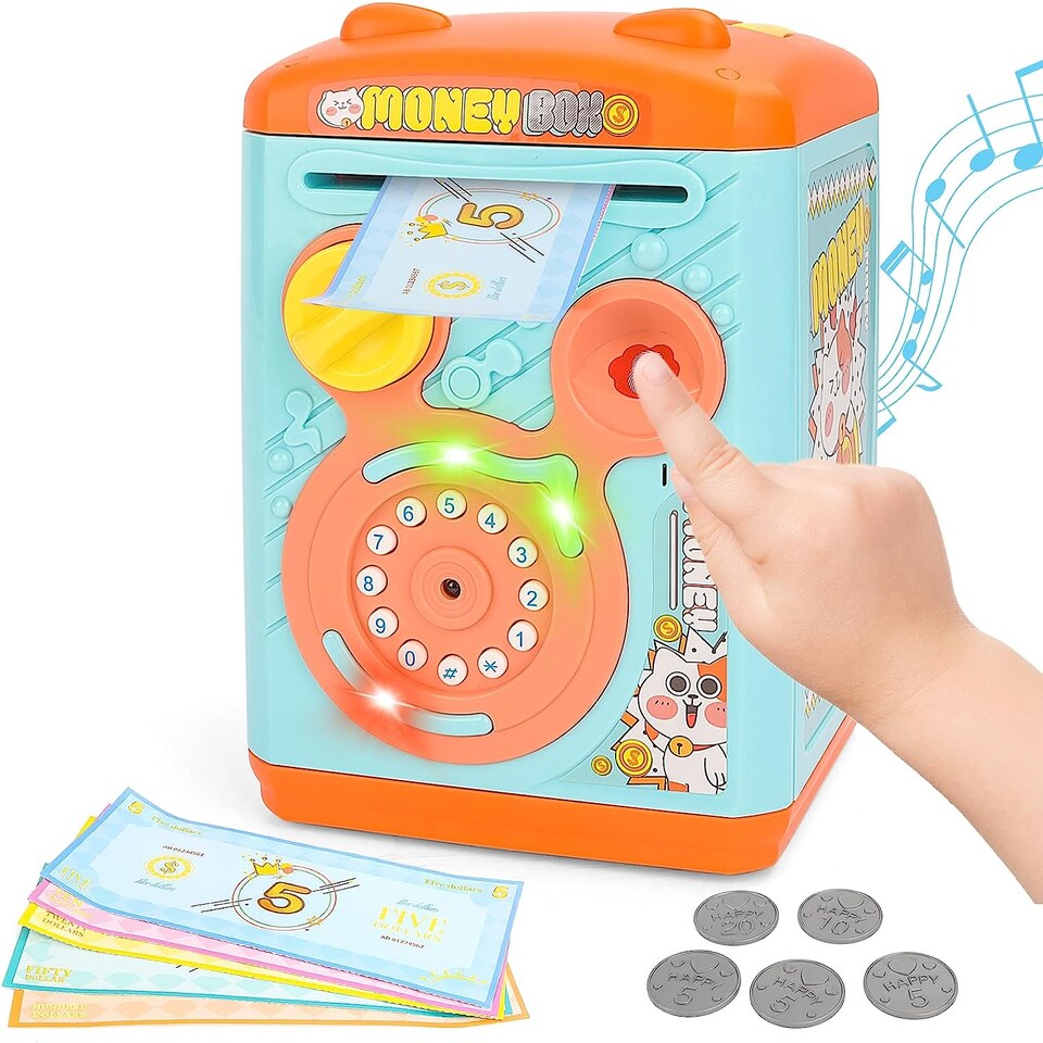 image 1 of Electronic Money Bank for Kids – Blue Password & Finger ecure, Fun & Educational Savings Boxprint Toy ATM Piggy Bank