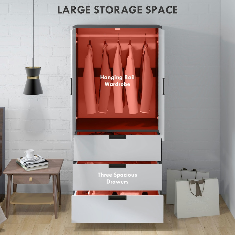 image 1 of HOMCOM 2 Door Wardrobe Modern Wardrobe with 3 Drawer and Hanging Rod, Grey