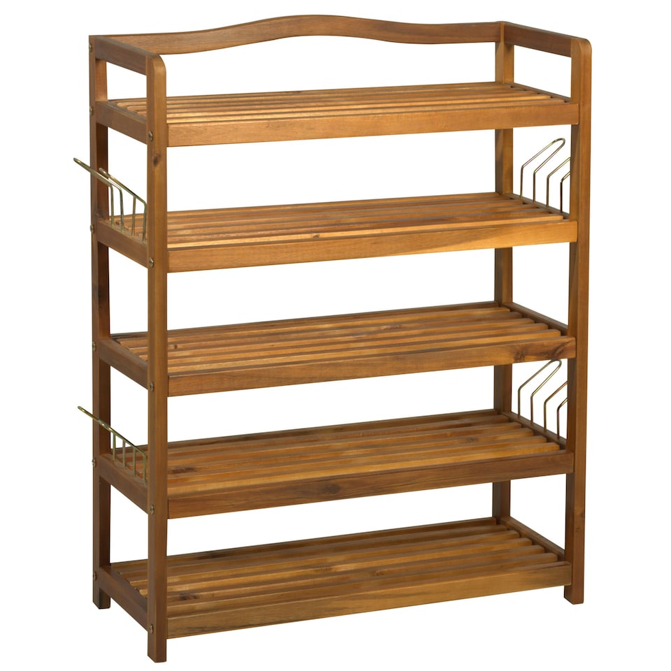 image 1 of HOMCOM 5-Tier Shoe Rack Acacia Wood Shoe Storage Shelf for Entryway Bedroom Teak