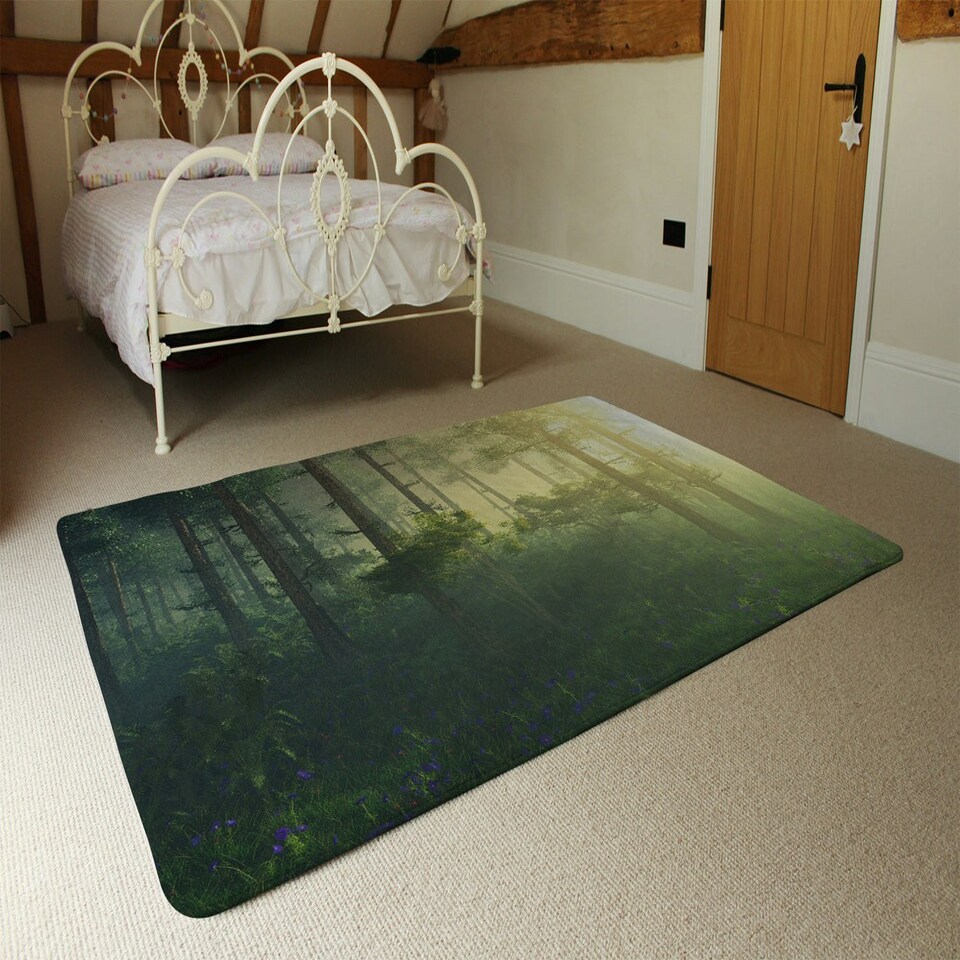 image 1 of Forest in the morning in a fog in the sun, trees in a haze of light, glowing fog among the trees (Rug) Green | XL