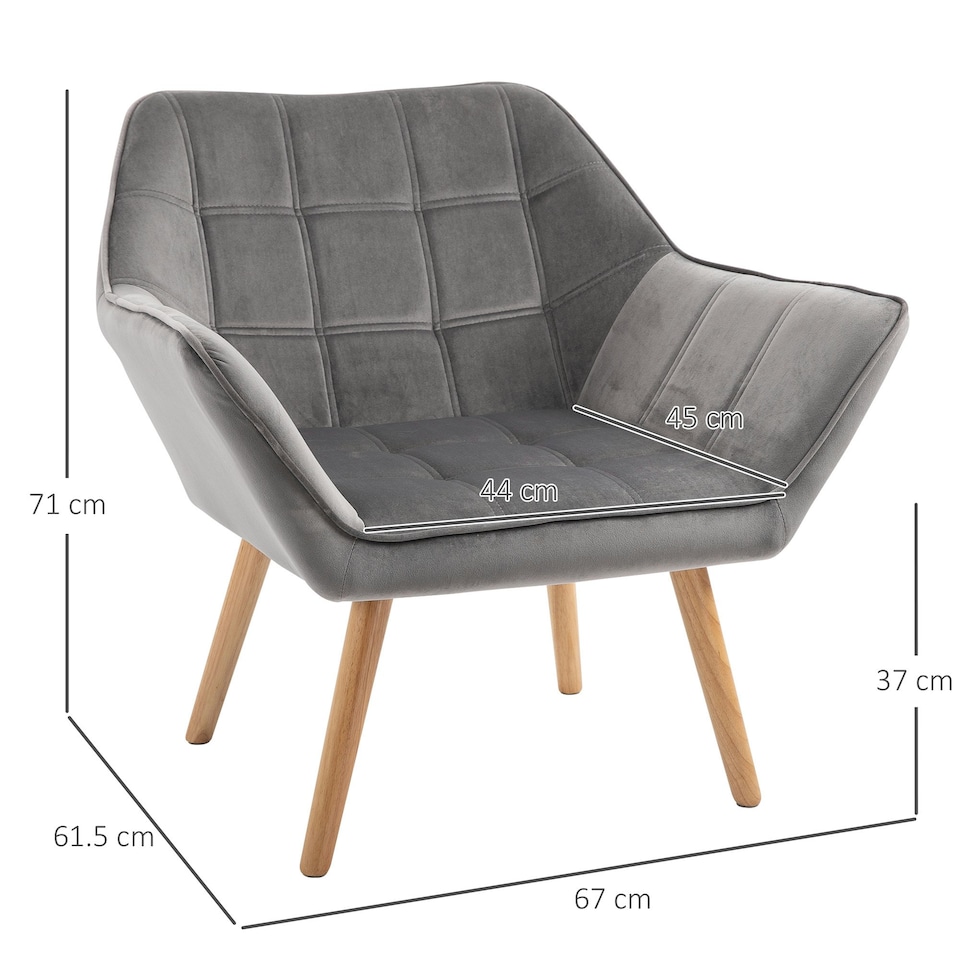 image 1 of HOMCOM Luxe Velvet-Feel Accent Chair w/ Wide Arms Slanted Back Grey