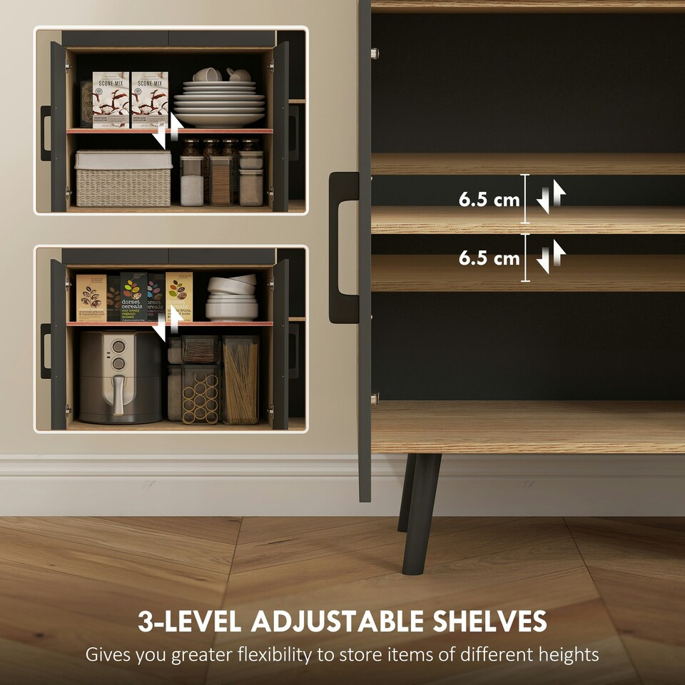 image 1 of HOMCOM Tall Kitchen Cupboard with LED Lights and Adjustable Shelves, Oak Black | Oak