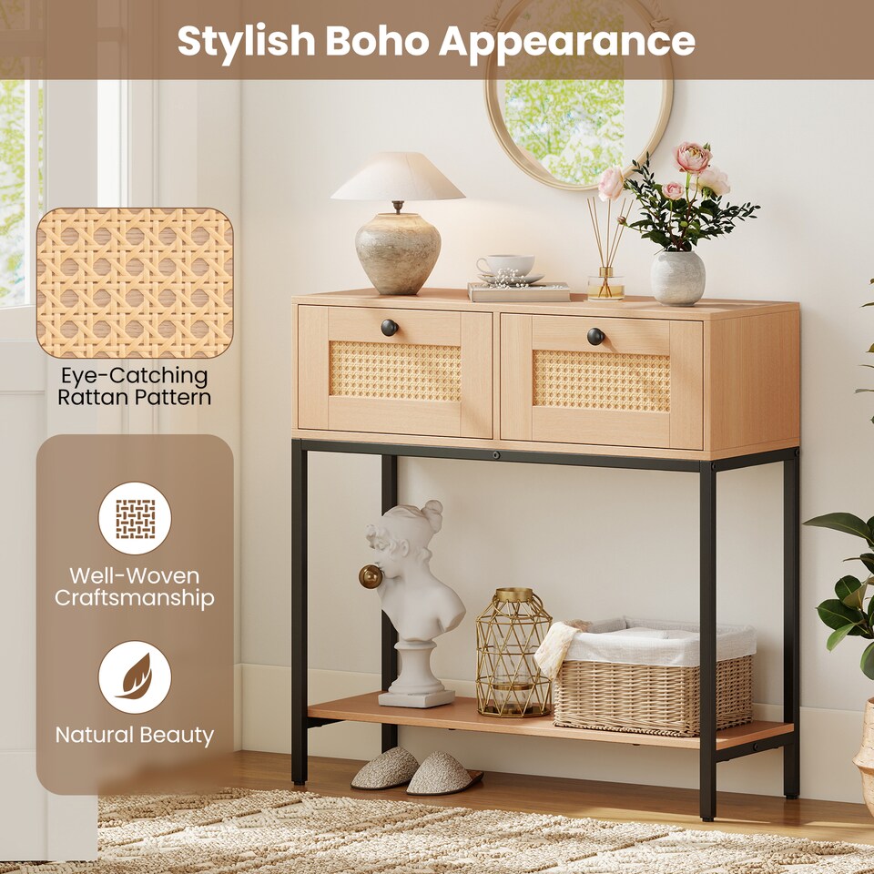 image 1 of COSTWAY 80 CM Boho Console Table 2-Tier Modern Narrow Entryway Table-Natural