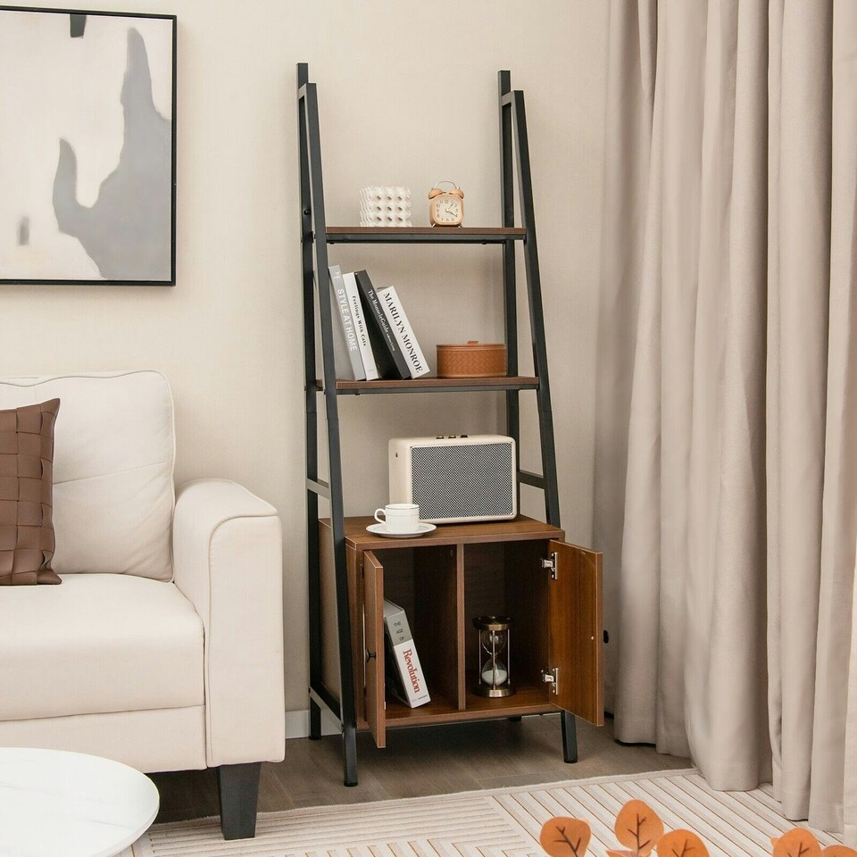 image 1 of COSTWAY 4-Tier Ladder Shelf Bookshelf Industrial Bookcase Brown