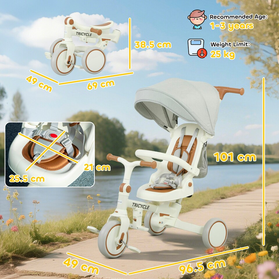 image 1 of AIYAPLAY 5 in 1 Foldable Kids Trike, Toddler Tricycle for 1-3 Years, Cream White