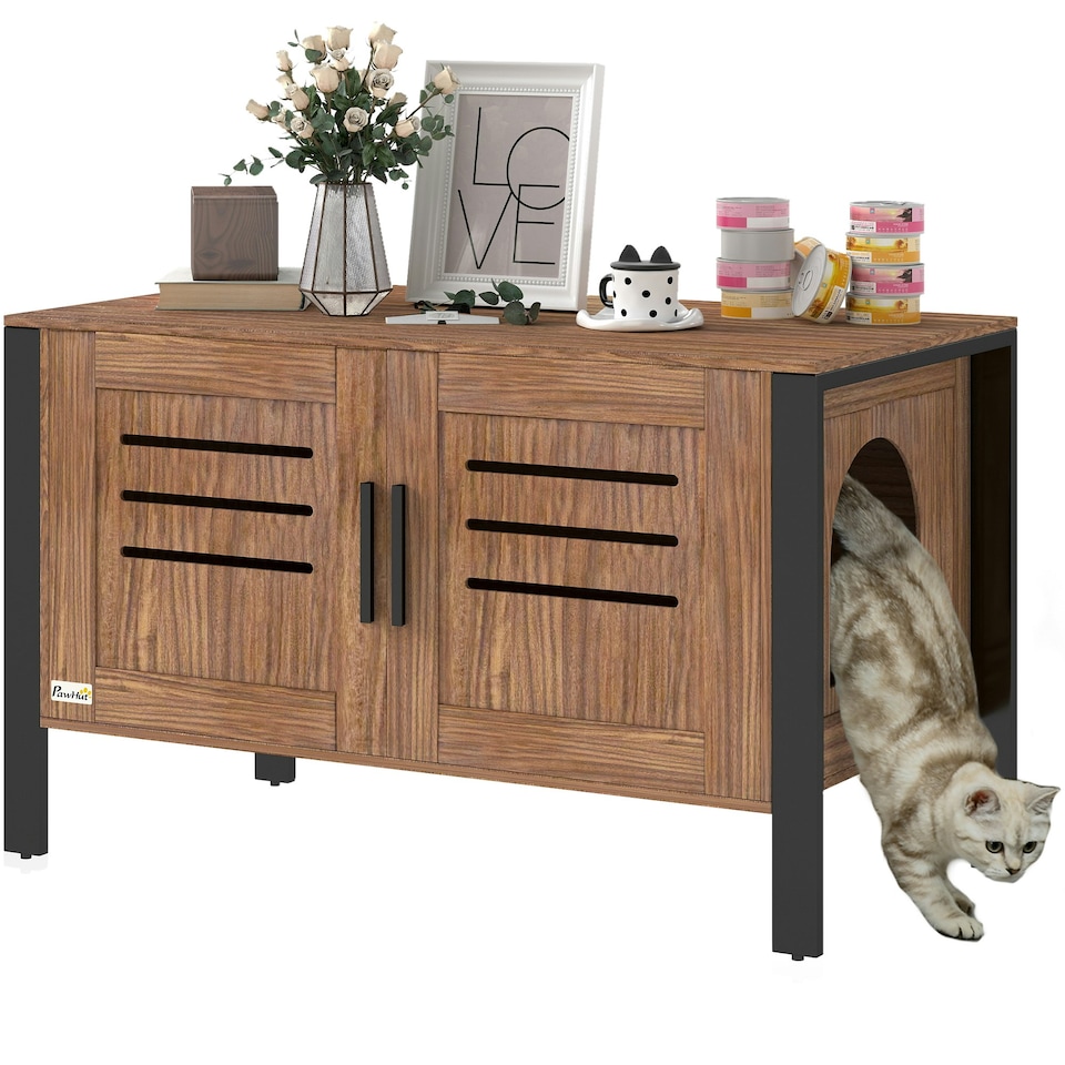 image 1 of PawHut Cat Litter Box Enclosure w/ Tall Legs, Scratching Board, Dark Brown Brown | One Size